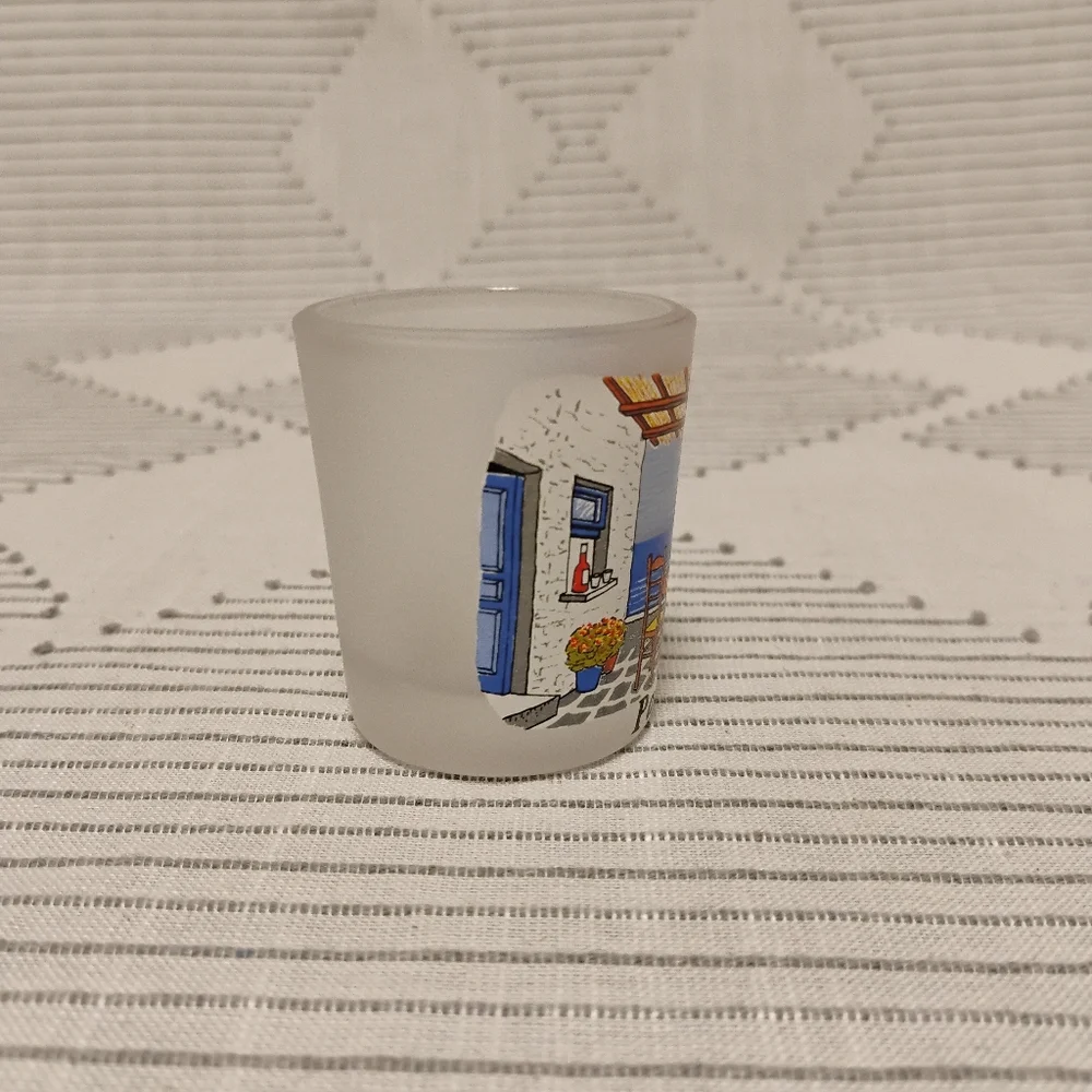 Paros Greek Island Frosted Souvenir Shot Glass Cafe Setting Scene